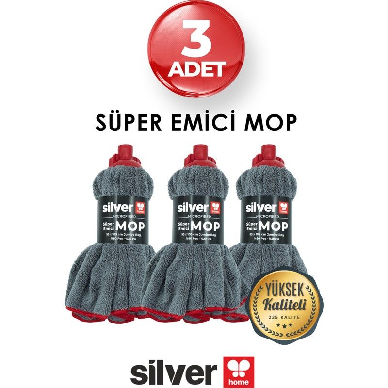 3 Parça Mikrofiber Süper Emici Mop 55 x 105 cm